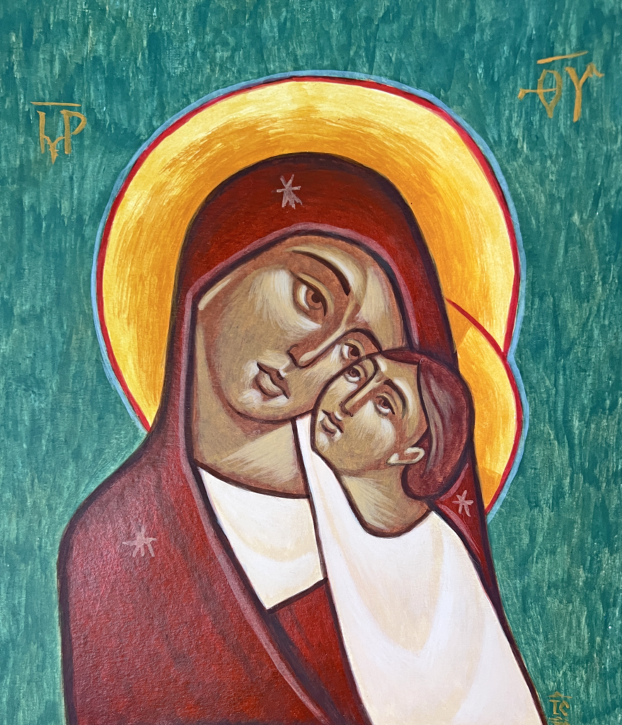 An icon painting of the mother of christ with jesus, painted in a coptic icon painting style