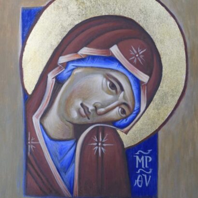 Image of Mary on her own. Painted in traditional egg tempera technique and with gold leaf. Orthodox icon.