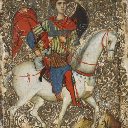 A painted icon of St George riding a white horse, a small boy sits on the horse behind him, offering a cup to him. This icon is used in the St George Intermediate Icon Painting Course.
